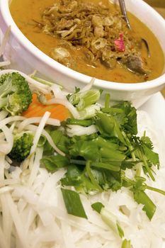 Thai Beef Curry Noodles with Raw Vegetables Broccoli Carrots Bean Sprouts and Gravy Closeup