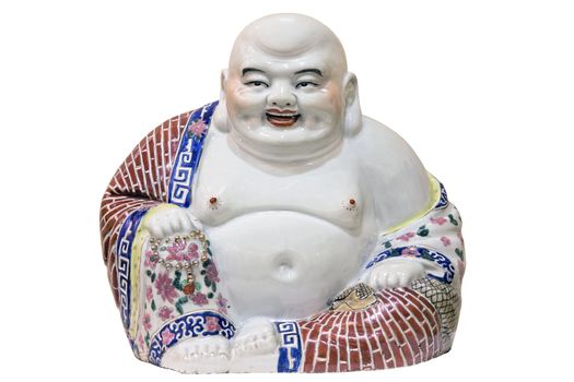 Ho Tai Happy Laughing Sitting Buddha Porcelain Figure Isolated on White Background
