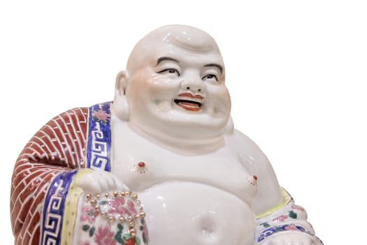 Ho Tai Happy Laughing Sitting Buddha Porcelain Figure Isolated on White Background Closeup