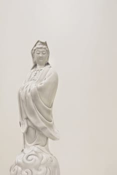 Kuan Yin Goddess of Mercy Bone China Porcelain Statue Standing on Clouds Isolated on White Background