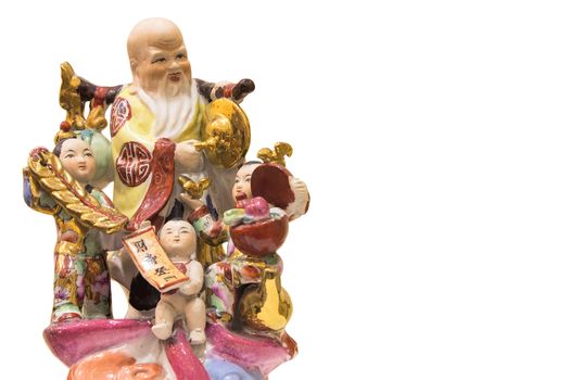 Longevity God Antique Porcelain Figurine with Three Prosperity Children Isolated on White Background