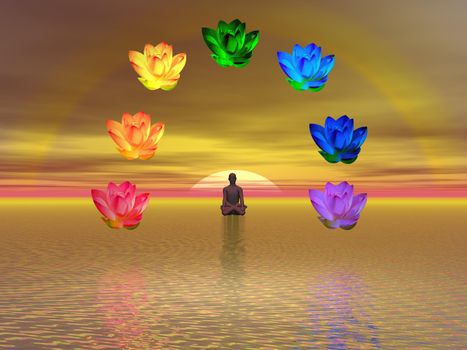 Man in meditation surrounded with colorful lotus as chakras, on the ocean by sunset