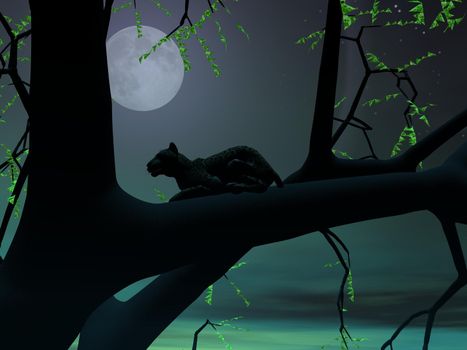 Silhouette view of panther sitting on the branch of a tree by green night with full moon