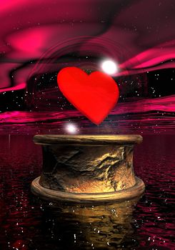 Crystal ball with a red heart inside upon golden base in night background