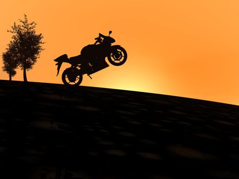 One motorbike shadow on a hill standing upon the sun next to a tree by sunset