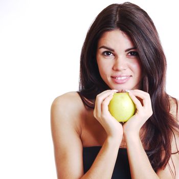 woman hold apple in hands isolated on white