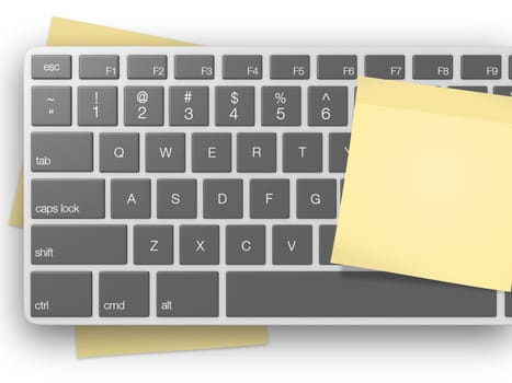 Yellow sticky notes around computer keyboard with dark keys on white background.