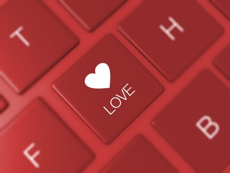 Love key, button on red computer keyboard with heart symbol.