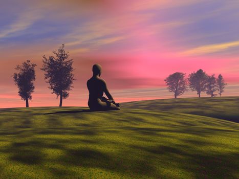 Shadow of a man meditating in the nature, on the grass next to trees by sunrise