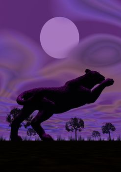 Shadow of one panther jumping under the full moon by violet night