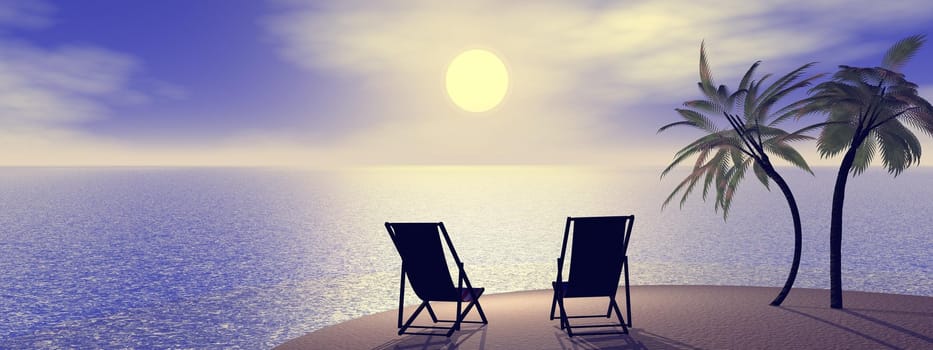 Two chairs and palm trees on the sand next to the sea by sunrise