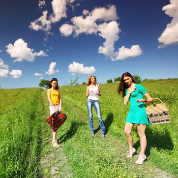 girlfriends on picnic in green grass field