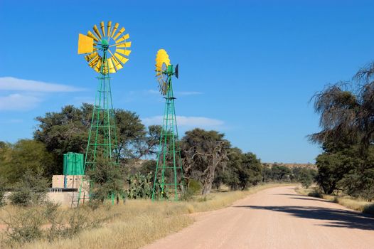 Twin windpumps in Namibia near Mata Mata on the South African border