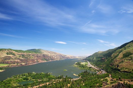 Columbia river canyon with broad expanse of blue sky