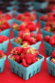 Single sharp image of a red strawberry on table full of berries