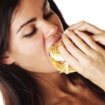 woman eat burger isolated on white background