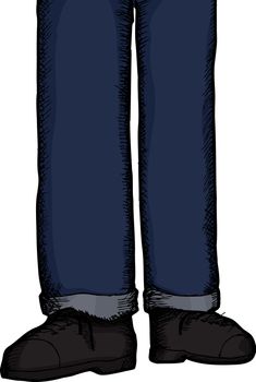 Cropped cartoon of person standing in blue jeans over white background