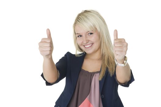 Motivated enthusiastic young woman giving double thumbs up of victory and success while smiling gleefully in celebration