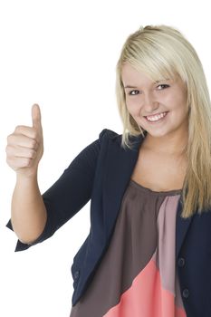 Pretty blonde woman munching on a half eaten green pear and looking up to the sky, isolated on white with copy space