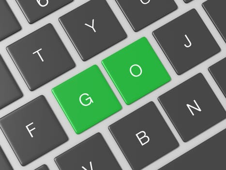 Green colored go keys on dark computer keyboard