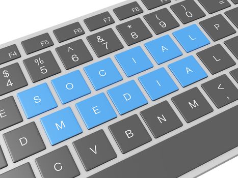 Blue social media keys, buttons on computer keyboard.