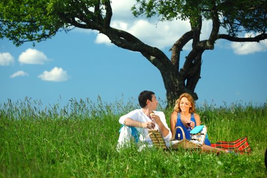 man and woman on picnic in green grass