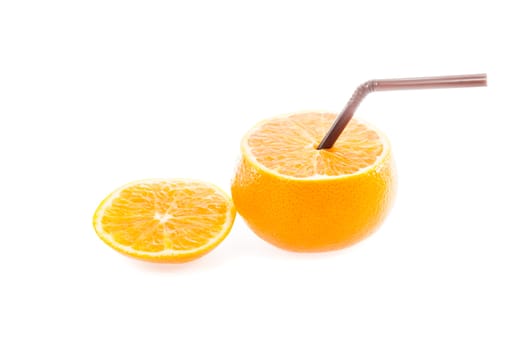 Orange with straw on white background isolate