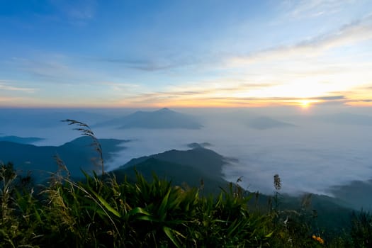 Sunrise at horizon in morning time on high mountain with blue sky cloudy and fog