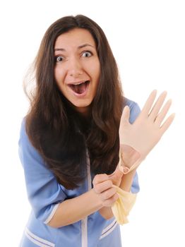 Nurse in shock because of torn glove isolated on white background