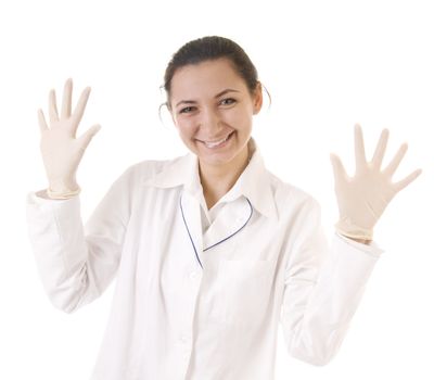 Smiling doctor protective gloves isolated on white background