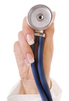 Female hand in white coat with stethoscope. Isolated on white background.