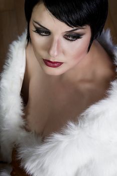 20s style beautiful brunette female wearing fur, exquisite old hollywood style, star