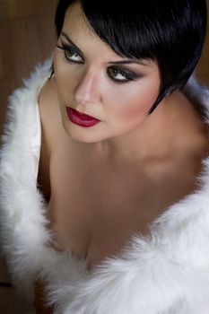 20s style beautiful brunette female wearing fur, exquisite old hollywood style, vintage flapper