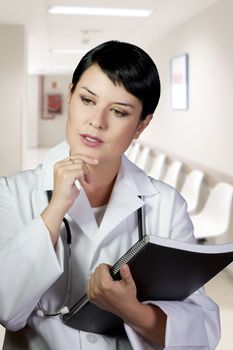 thoughtful brunette female doctor on duty at the ER hospital lobby