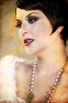 sensuous short haired brunette woman, bare shoulders with hite fur, 20s glamour style