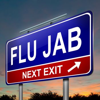 Illustration depicting an illuminated roadsign with a flu jab concept. Dark sky background.
