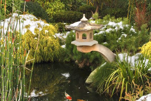 Decorative Japanese garden with a koi pond and lanthern 