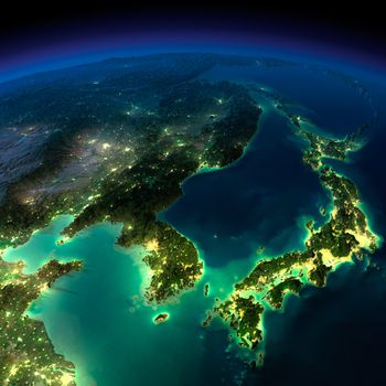 Highly detailed Earth, illuminated by moonlight. The glow of cities sheds light on the detailed exaggerated terrain and translucent water of the oceans. Elements of this image furnished by NASA