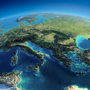 Highly detailed planet Earth in the morning. Exaggerated precise relief lit morning sun. Part of Europe - Italy, Greece and the Mediterranean Sea. Elements of this image furnished by NASA