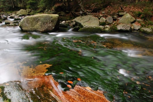           Cold and crystal clear wild brook full of boulders in the mountains