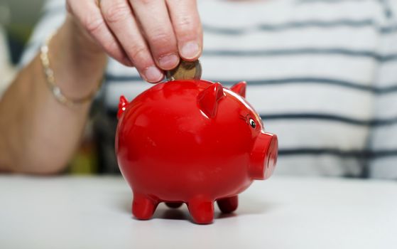 female hand putting euro in money pig