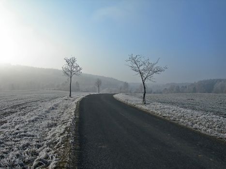                    Lonely road in the winter country with a snow and ice