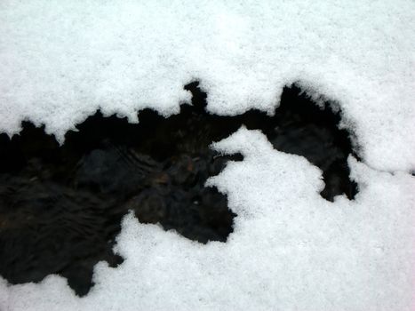     Brook is covered by snow and water flows under them with a small strem                        