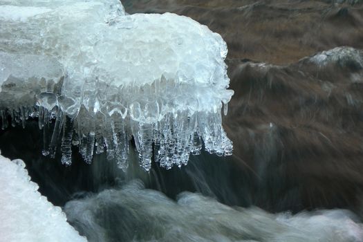 Flowing water in a brook is covered by clear ice