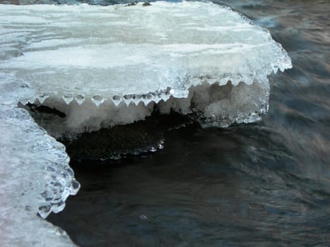 Flowing water in a brook is covered by clear ice