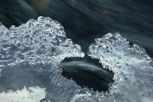 Flowing water in a brook is covered by clear ice