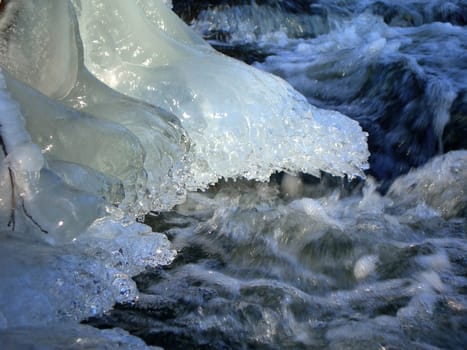 Flowing water in a brook is covered by clear ice