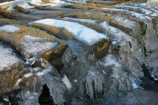 Flowing water in a brook is covered by clear ice