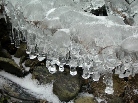 Flowing water in a brook is covered by clear ice