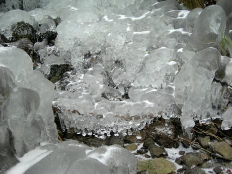 Flowing water in a brook is covered by clear ice